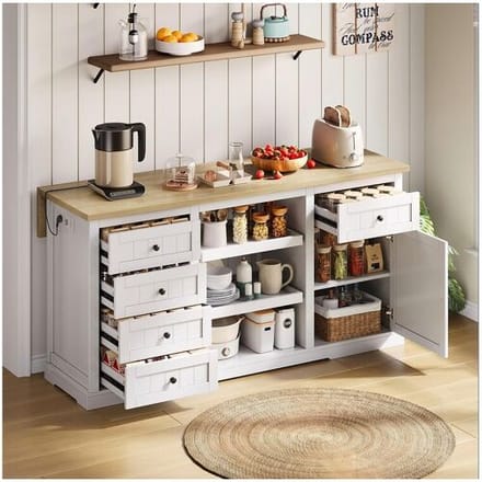 Merax Centraal eiland met uitschuifbaar paneel - 150 x 65 x 75 cm - met 5 laden + 1 deur - MDF - wit