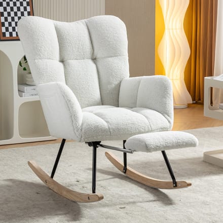 MODFU - Schommelstoel - Gevoerd - Inklapbare Voetensteun - Modern - Woonkamer - Teddystof - Wit - 80 X 98 X 98,5 Cm