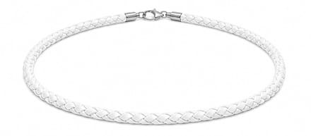 AuBor ®. Gevlochten leren ketting met zilveren sluiting. Wit. 4mm × 65cm