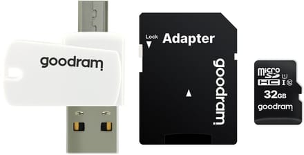 GoodRam microSDHC Geheugenkaart, 32Gb, Klasse 10 / UHS-1 U1, Met Kaartlezer en Adapter M1A4-0320R12