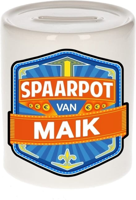Bellatio Decorations Kinder spaarpot met naam - Maik - keramiek - met dop - wit - Sparen - Spaargeld van Maik
