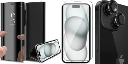Hoesje geschikt voor iPhone 15 Plus - Screenprotector GlassGuard & Camera Lens Screen Protector Zwart - Book Case Spiegel Zwart