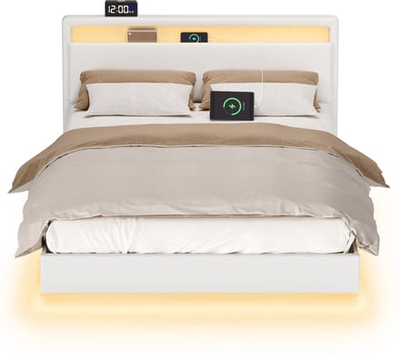 VASAGLE - Bed - Met Zwevend Effect - LED-Verlichting - Hoog Hoofdbord - Ingebouwde Stopcontacten