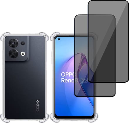 Hoesje + 2x Privé Screenprotector geschikt voor OPPO Reno 8 – Privacy Tempered Glass - Case Transparant