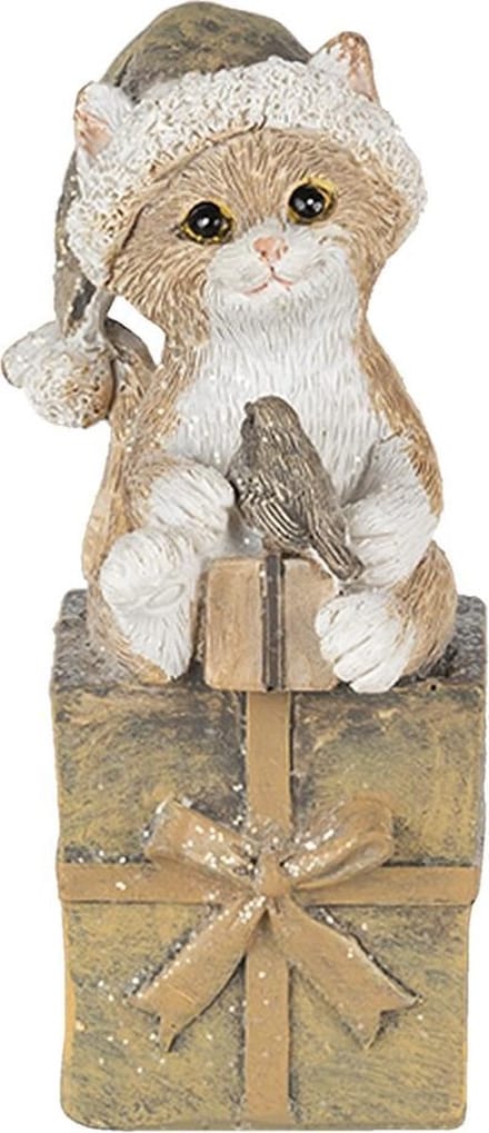 Clayre & Eef Beeld Kat 5x4x10 cm Bruin Wit Kunststof