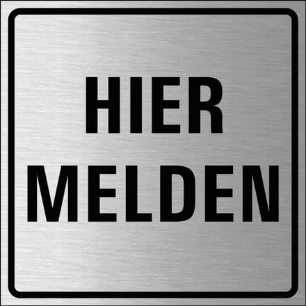 Hier melden bordje, geborsteld aluminium 150 x 150 mm