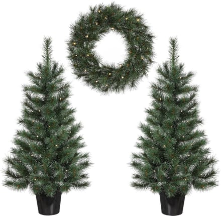 Black Box Trees Glendon Kerstboom en Kerstkrans Set - 2 Kunstkerstbomen en 1 Krans met LED Verlichting - Groen