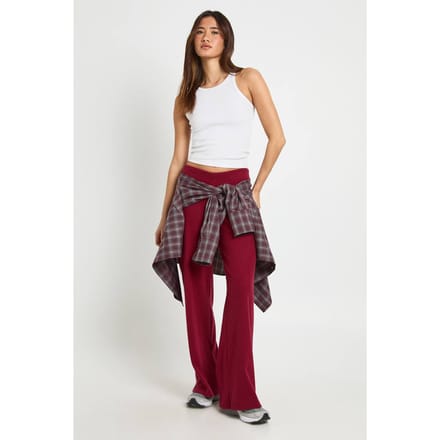 boohoo Dames Geborstelde Rib Wijdpijp Broek | Wine | Maat: 8