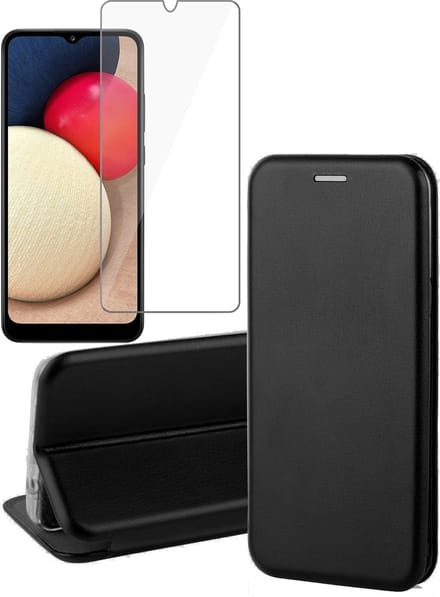 Hoesje geschikt voor Samsung Galaxy A02s - Screen Protector GlassGuard - Book Case Kunstleer ThinShield Zwart & Screenprotector