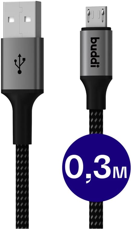 Buddi Flex | USB-A naar Micro-USB Kabel 12W Fast Charge 5V/2.4A | 480Mbps Dataoverdracht | Gevlochten Nylon | 30 CM | 0.3 Meter | Zwart