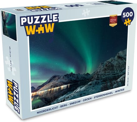 Puzzel Noorderlicht - Berg - Sneeuw - Groen - Sterrenhemel - Winter - Legpuzzel - Puzzel 500 stukjes