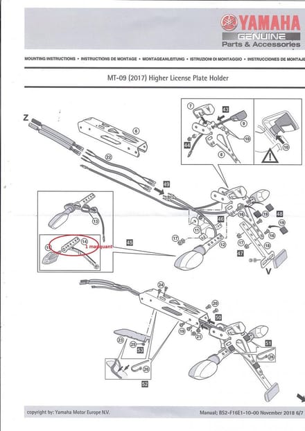 Support Haut LED plaque immatriculation pour moto Yamaha 850 MT-09 BS2F16E01000