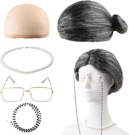 Cosplay Set van 5 voor Grootmoeder met Grijze Perücke, Ketting en Bril voor Feest en Carnaval