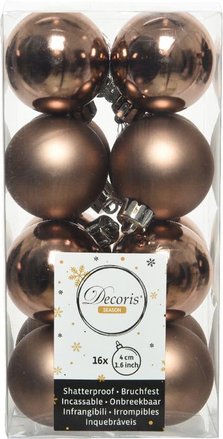 Decoris kleine kerstballen - 16x st - walnoot bruin - 4 cm - kunststof - kerstversiering