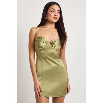 boohoo Dames Gerimpelde Cup Satijn Mini Jurk | Olive | Maat: 10