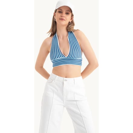 Gestreepte Diepe V-Hals Halter Rugloze Crop Top