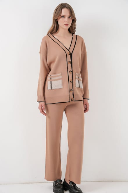 Pocket Gedetailleerde V-hals Cardigan en Wijde Broek Set