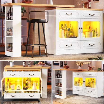 Bartafel - 135-203 x 39 x 92.8 cm - 360° Draaibare Bartafel met LED en Opbergruimte - MDF - Wit