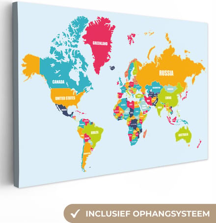 Canvas Schilderij Wereldkaart - Kleuren - Aarde - Canvasdoek - 150x100 - Wanddecoratie