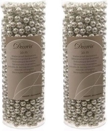 Decoris Kralenslinger - 2x - zilver - 10 meter - kunststof - glans - kerstslinger - kerstversiering