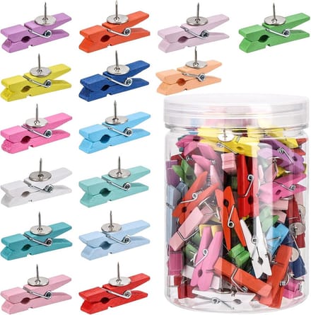 Houten Clips - Decoratieve Pinnen - Foto's Ophangen - Combinatie Clip en Pin - 100 Stuks - Veelkleurig