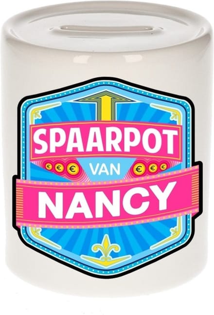 Bellatio Decorations Kinder spaarpot met naam - Nancy - keramiek - met dop - wit - Sparen - Spaargeld van Nancy