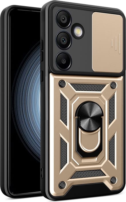 MobyDefend Hoesje - Geschikt voor Samsung Galaxy S24 FE - Pantsercase Met Draaibare Ring - Goud