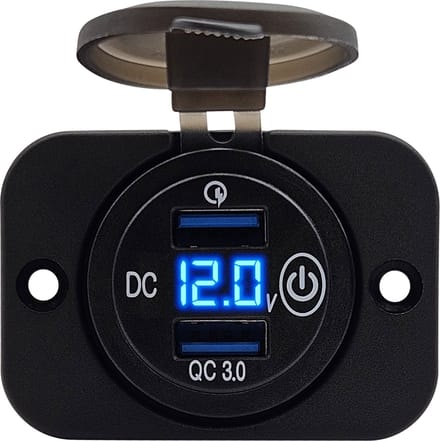 ProRide 12V USB Stopcontact 2 Poorten Inbouw met Schakelaar en Voltmeter - QC3.0 - USB Autolader, Boot en Camper - Complete set - Blauw