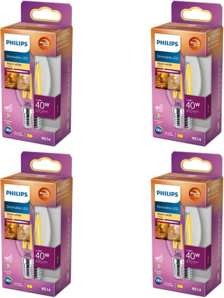 Philips Voordeelverpakking - E14 - LED Kaarslamp - Helder - 40W - Dimbaar - Warmwit Licht - Set van 4 Stuks