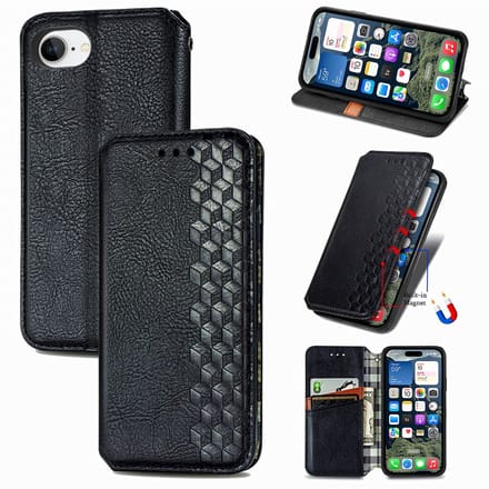 Luxe PU Lederen Ruitpatroon Wallet Case + Screenprotector voor iPhone 17e / 16e _ Zwart