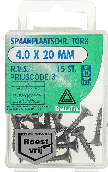 Deltafix spaanplaatschroef platkop / torx r.v.s. a2 4.0 x 20 mm 15 st.