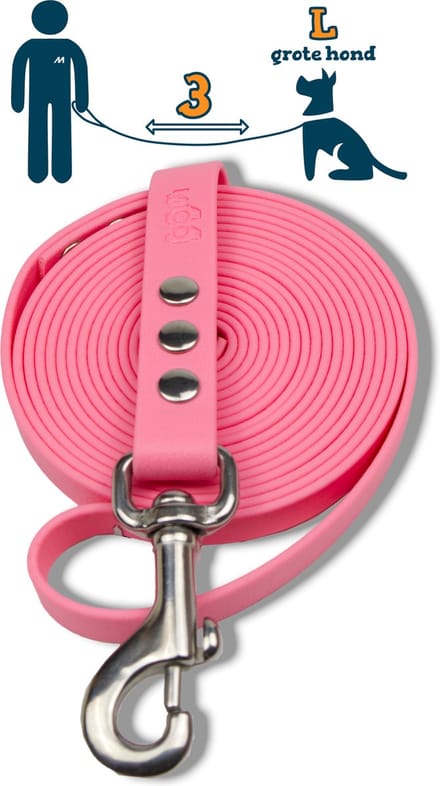 Miqdi hondenriem – BioThane ® - pastel roze - 3 meter lang - 19 mm breed - L/XL - grote hond