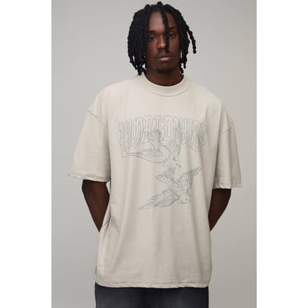 Lang Oversized T-shirt Met Duivenprint En Zichtbare Naden | Stone | Size Small