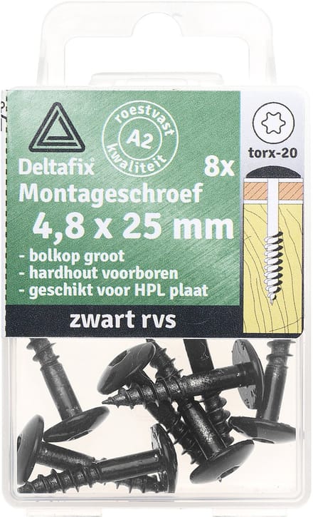 Deltafix montageschroef zwart RVS - 4.8 x 25 mm - 8 stuks