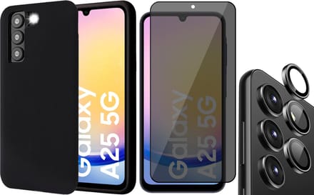Hoesje geschikt voor Samsung Galaxy A25 / A24 - Privacy Screenprotector Volledig Dekkend Glas & Camera Protector - Mat Back Case Zwart