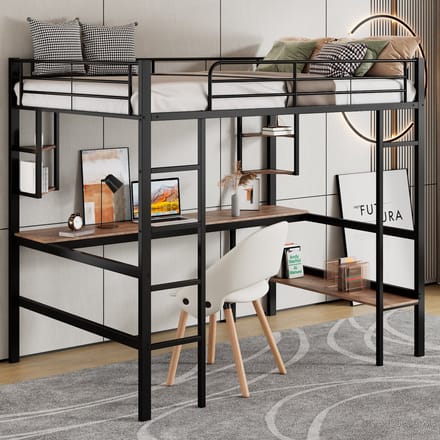 REDOM Hoogslaper – 90x200 cm – Met bureau & veiligheidshek – Metaal – Zwart