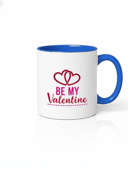 Mok 'Be My Valentine' met Dubbele Harten - Valentijnsdag Cadeau, Blauw Handvat & Interieur
