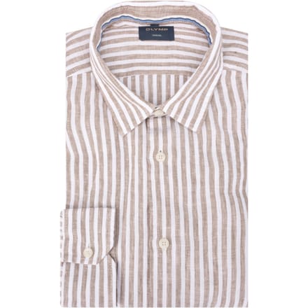 OLYMP Casual regular fit overhemd - structuur - bruin met wit gestreept