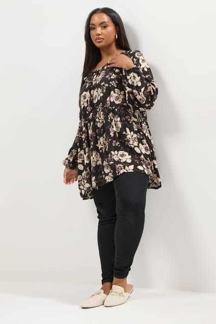 Yours Zwarte Blouse Met Rozenprint En Strikhals Size 42