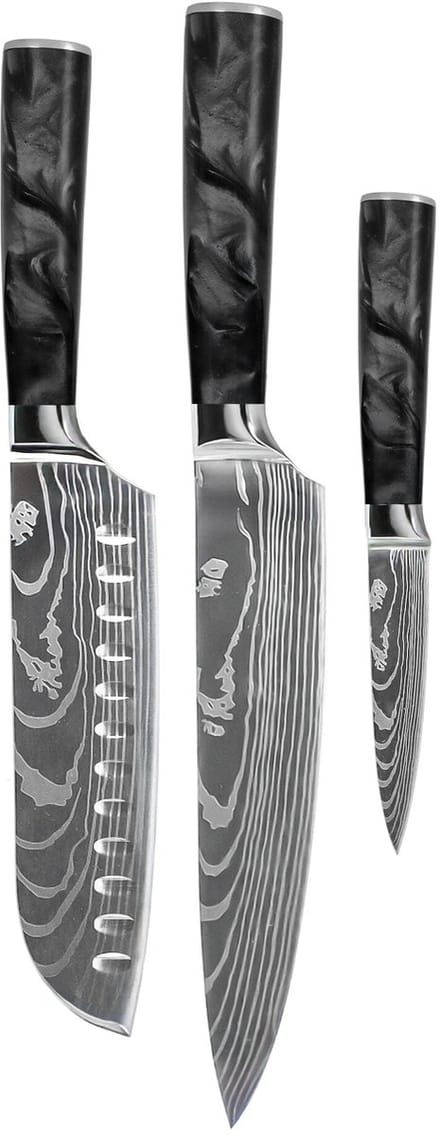 Shinrai Knives - Damascus Print Epoxy Onyx 3-delige Messenset - Koksmes + Santoku + Schilmes