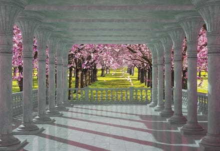 Fotobehang Cherry Trees through The Arches | XL - 208cm x 146cm | 130g/m2 Vlies
