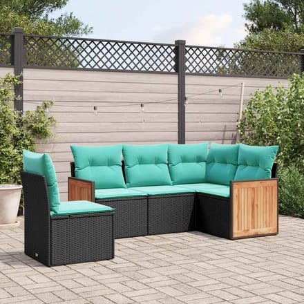 vidaXL - 5-delige - tuinbankset - met - kussens - van - zwart - polyrotan