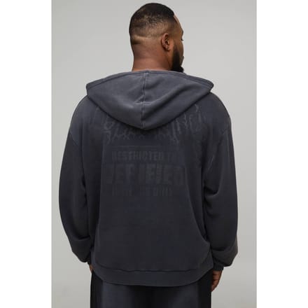 Plus Oversized Boxy Exclusieve Slogan Gothic V-hals Ruwe Zoom Bedrukte Gewassen Hoodie | Washed Black | Size 2XL