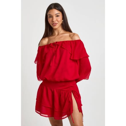 boohoo Dames Ruches Chiffon Bardot Blouse | Rood | Maat: 38