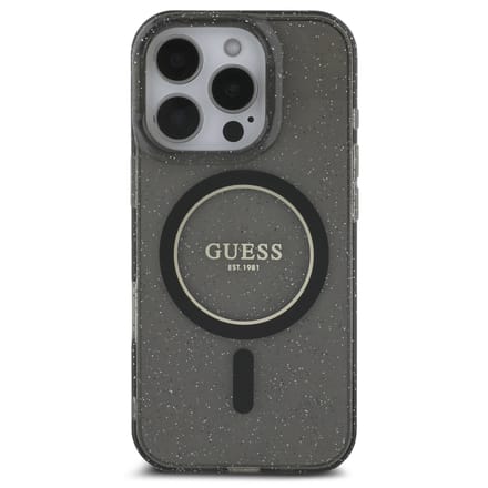 Guess MagSafe IML Glitter Case met beads strap voor de Apple iPhone 16 Pro Max - Zwart