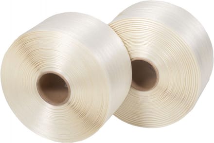 Kortpack - Polyesterband (Unistrap) 13mm breed x 1100mtr lang - 2 rollen per doos - Treksterkte: 375KG - Kerndiameter: 76mm - (031.0100)