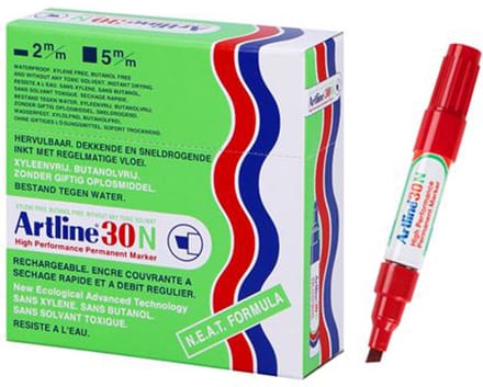 Artline 30 Permanent Marker - Doos 12 Stuks - Schuine Punt 2,0-5,0mm - Watervast & Wrijfvast - Hervulbaar - Rood