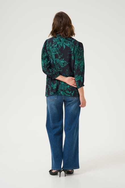 Blouse met lange mouwen A-shape Black/Green Painted Flower floral