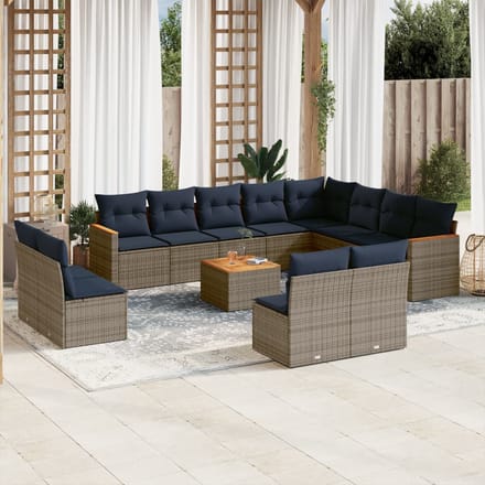 vidaXL - 13-delige - tuinbankset - met - kussens, - grijs - polyrotan