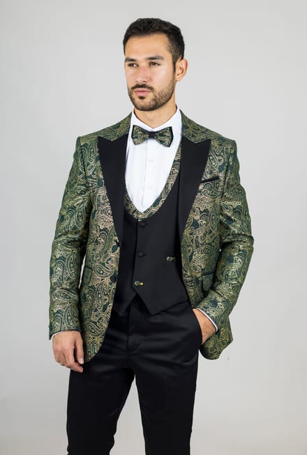 Heren 4-delige Groene Paisley Trouwsuit Perfecte Pasvorm